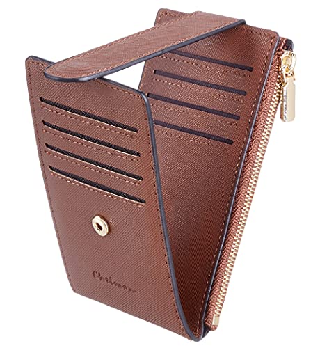 Chelmon Womens Wallet Slim RFID Blocking Bifold Multi Card Case Wallet with Zipper Pocket (Deep Brown)