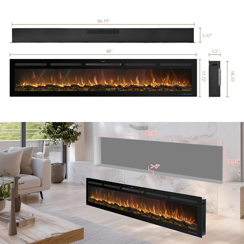 Image of 88 inch Electric Fireplace, Recessed or Wall Mounted, 5.5 inch Deep, 750W /1500W Quartz Heater, WiFi App, Alexa and Google Home, 13 Flame Colors