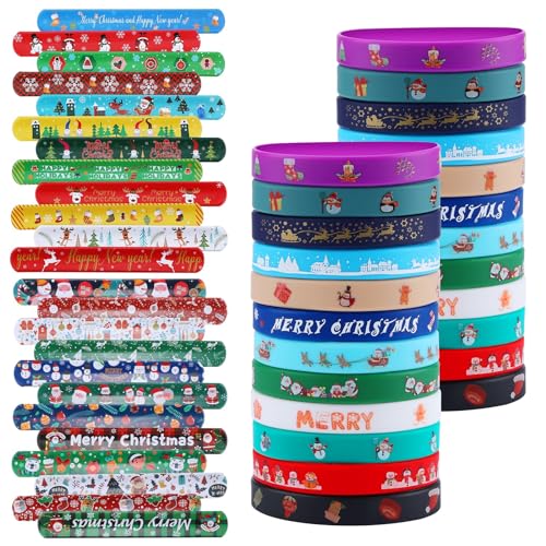 Fnayol 48Pcs Christmas Party Favors Slap Bracelets Rubber Wristbands for Kids Girls Boys，Christmas Stocking Stuffers Gifts with Santa hats Snowmen Elk Xmas Socks - image 1