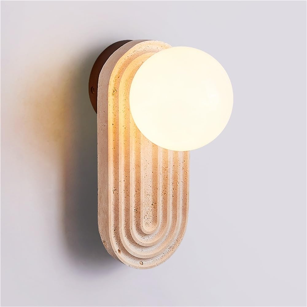 COSRUB Yellow Travertine Wall Lamp, Oval Grooved Stone Wall Sconce Light with Glass Globe Japanese Cream Wall Lighting for Bedside Living Room Foyer Cafe