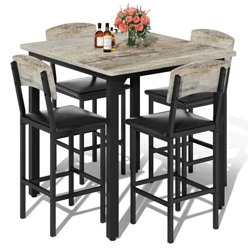 AWQM 5-Piece Dining Table Set Dining Table Set for 4 Counter Height Table & 4 Bar Stools Modern Kitchen Dining Set with Upholstered Chairs Compact Dining Set for Small Spaces Gray