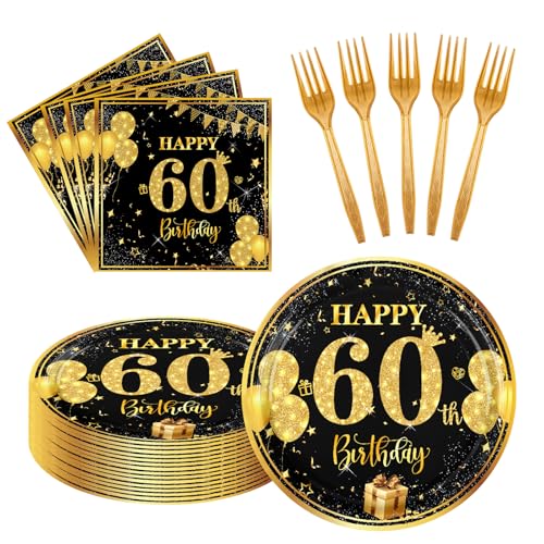 LDFDRT 60th 7 inch Birthday Party Paper Plates and Napkins Forks 60 pcs Black Gold Decorations for Boys Girls Tableware Set for Birthday Anniversary Party Supplies Serve 20