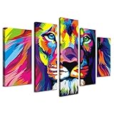NAN Wind 5Pcs Colorful Animal Wall Art Lion Canvas Lion Painting Animal Oil Painting Pictures Art Print On Canvas Stretched and Framed Ready to Hang