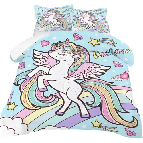 Image of Rainbow Unicorn Comforter Set Full Size Blue Unicorn Kids Bedding Sets for Girls Boys Teens Bedroom Decor Kawaii Cartoon Quilt 1 Comforter 2 Pillowcases