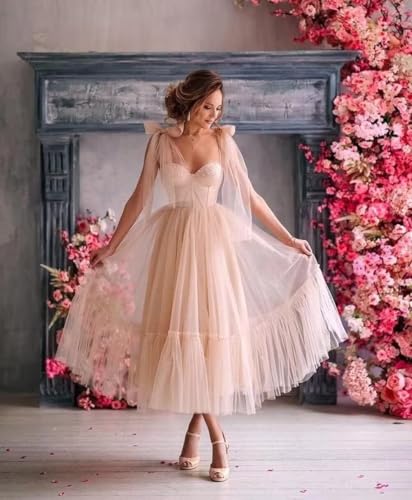 A Line Tea Length Party Dress Tulle Prom Dress for Women Sweetheart Elegant Formal Evening Gown with Bow Shoulder2