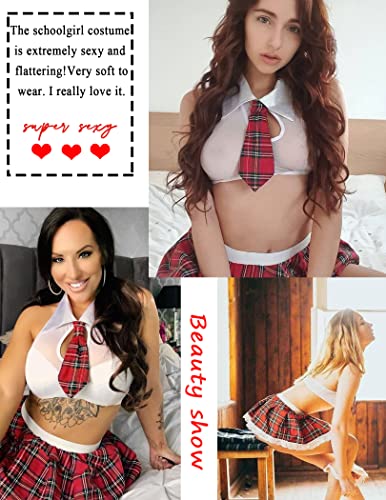 Avidlove Women Schoolgirl's Outfit Costume Lingerie Set With Tie Top Mini Skirt,White,Large #TOP4