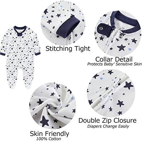 Newborn Baby Boy Girls Clothes 2-Way Zip Footed Cotton Bodysuit 3-Pack Long Sleeve Outfits 0-12Months Baby Pajamas4