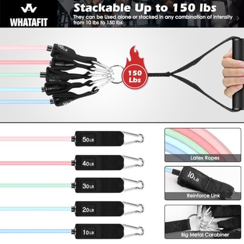Image of WHATAFIT Resistance Bands, Exercise Bands, Workout Bands with Handles, Door Anchor and Ankle Straps, 5 Resistance Levels Fitness Bands for Strength Training, Physical Therapy, and Home Gym Equipment