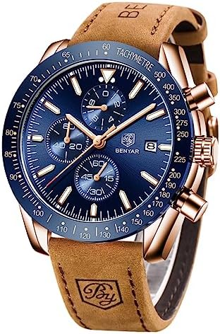 BENYAR Classic Fashion Elegant Chronograph Watch Casual Sport Leather Band Mens Watches 5140L(Brown-Blue)