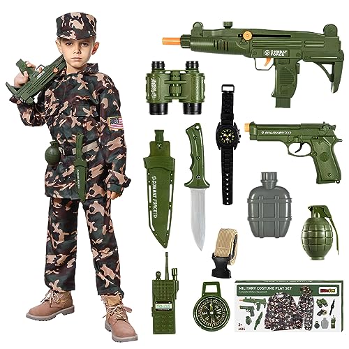 KukuFun Halloween Army Costume for Boys, Kids Military Gear Pretend Play Set Army Toy Soldier Dress Up Role Play Set Gift for Halloween Kids - M (Age 6-8), Army Green (KN552)
