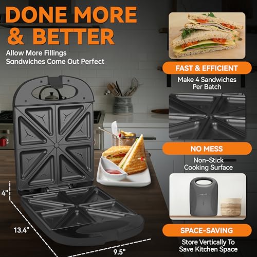 Image of Baker's Friend Breakfast Sandwich Maker, 4 Slices of Panini Grill Press Sandwich Maker, Electric Sandwich Maker with Indicator Light, Grill Cheese & Egg Muffin Sandwich Maker, Graphite