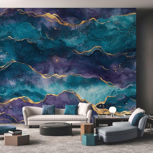 Papier peint photo mural bleu violet effet marbre salon et couloir