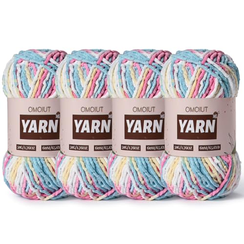 Image of 4 Packs Plush Chenille Chunky Crochet Yarn - Baby Yarn for Crocheting Soft - Velvet Yarns Knitting for Blankets Crafts - Fluffy Amigurumi Yarns 200g /262.5yds (4 Candy Color)