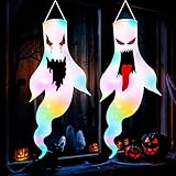 2 Stück Halloween Deko Outdoor,Halloween Geister Windsäcke mit Bunt Lichterkette,120CM Windsack Geist Windsack HäNgen Dekoration,Geisterdekoration für Gärten, drinnen und draußen