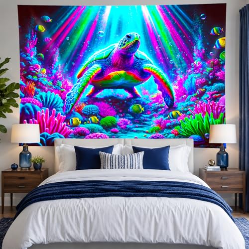 Image of BlissYard Neon Sea Turtle Ocean UV Black Light Tapestry 78x59 Inches Art Color Neon Light Background Bedroom Living Room Wall Party Decoration Underwater Coral Reef Marine Psychedelic Wall Art
