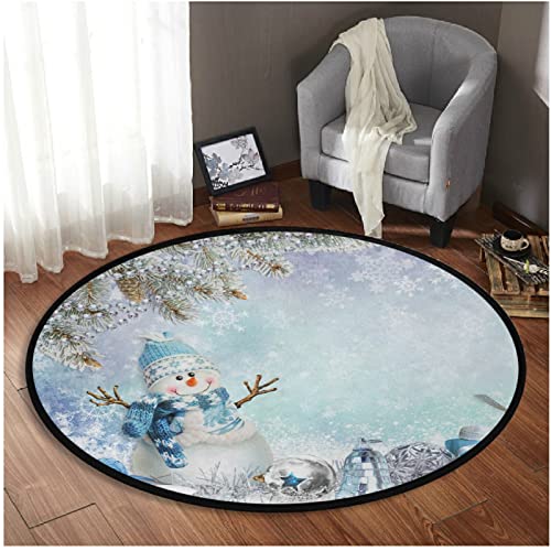 Winter Snowman Gifts Round Area Rug Christmas Blue Snowflake Circle Floor Mat 3ft Area Carpet for Home Dining Living Room Holiday Seasonal Decor Soft Non Skid