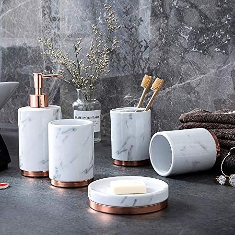 LOHOX 5 Pieces Bathroom Accessories Set Marble Pattern Electroplated Rose Gold Base Soap Dispenser Pump, Toothbrush Holder, Tumbler, Soap Dish Cover