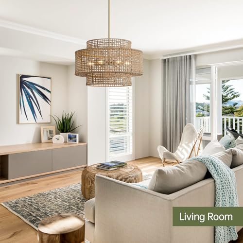 Image of 24 inch Rattan Chandelier for Dining Room, Large Boho 6-Light Rustic Chandeliers Light Fixture with Wicker Shade, Hand Woven Farmhouse Pendant Lighting for Kitchen Bedroom, Living Room, Foyer