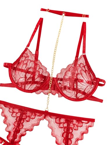 Image of Lilosy Sexy Choker Floral Lace Scallop Sheer Underwire Push Up Garter Belt Lingerie Set 3 Piece
