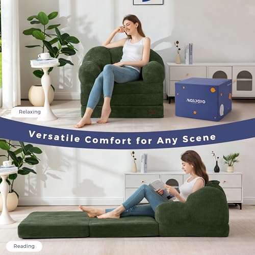 Image of MAXYOYO Folding Sofa Bed, Floral-Shaped Convertible Floor Sofa Couch with Backrest, 2 in 1 Comfy Lounger Bean Bag Chair with Handle, Floor Single Couch for Living Room Bedroom, Dark Green