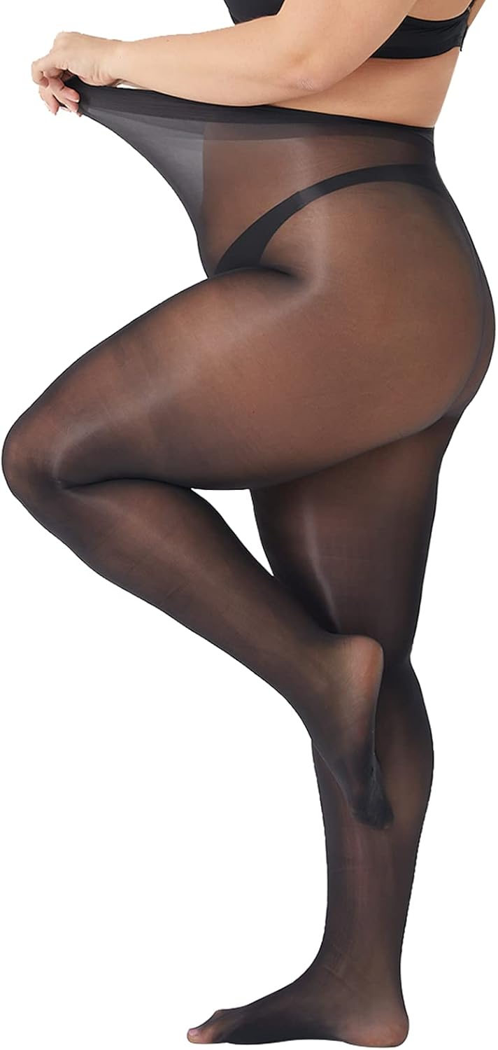 MANZI 2 Pairs Women's Plus Size Oil Shiny Sheer Pantyhose High Waist Shimmer Stockings Nylon Silky Tights - Image 2
