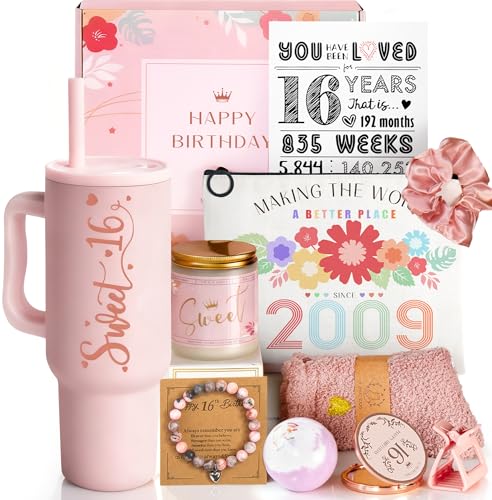 Sweet 16 Gifts for Girls - 16 Year Old Girl Gifts - Happy 16th Birthday Party Decorations for Girls Pink - 11 Pieces Unique Sweet Sixteen Gift for Teen Girl, Daughter, Niece, Granddaughter
