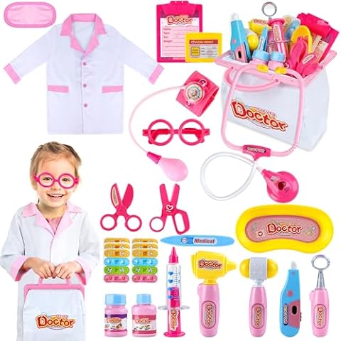 INNOCHEER Pink Doctor Kit for Kids, 25 Pcs Doctor Kit for Toddlers, Kids Doctors Play Set with Kids Doctor Costume, Kids Doctor Kit Birthday Christmas Princess Gifts Toys for 3 4 5 6 7+ Year Old Girls Cover