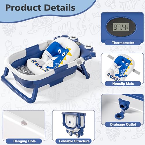 Image of Collapsible Baby Bathtub for Newborns with Thermometer and Soft Floating Cushion Portable and Foldable Travel Baby Boy Bath Tub for Infants to Toddler 0-36 Month (Navyblue)