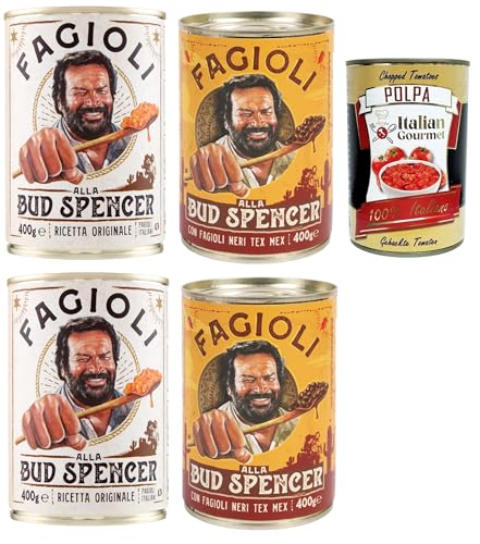 Fagioli alla Bud Spencer - Frijoles cocinados en salsa, caja 400 g, Receta italiana original o Tex-Mex (fagioli neri) Listos para calentar, Fuente de proteínas, 4 x 400 g + Italian Gourmet Polpa 400 g