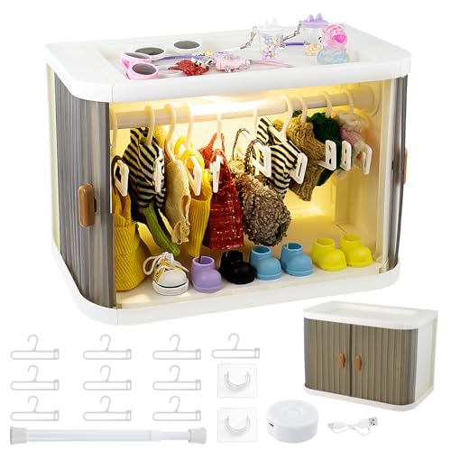 Foldable Doll Wardrobe Closet Wardrobe Compatible with Labubu Clothes Tricolour Light 10 Hangers & Stackable Organizer Cabinet for 15/17cm Doll Clothes with Dust-Resistant Cover and Display (Green)