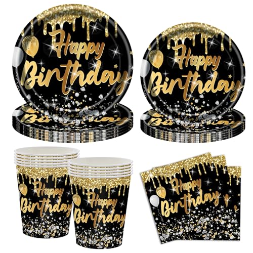 50 Stück Schwarze Gold Partygeschirr Set,Partyzubehör Pappteller...