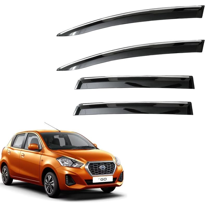 Image of CAR SAAZ Unbreakable Side Window Door Visor for Datsun Go (2014-2018)| Chrome Smoke Finish | Rain & Wind Deflector - Set of 4 Pcs