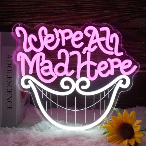 Image of Mad Hatter's Tea Party Neon Sign We're All Mad Here Inspirational Light for Wall Art Decor Cheshire Cat's Grin Neon Sign Unique Wall Decor for Book Lovers and Movie Fans Birthday Party Gifts 12.8*11.3