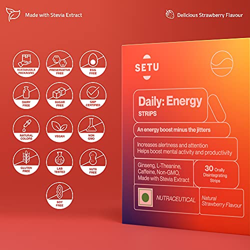 Setu Daily Energy Strips | Plant Based Instant Energy Booster | Pre-Workout Supplement With Ginseng, Caffeine, L Theanine | Improves Focus, Alertness, Fights Fatigue | Strawberry Flavour | 30 Strips #TOP5