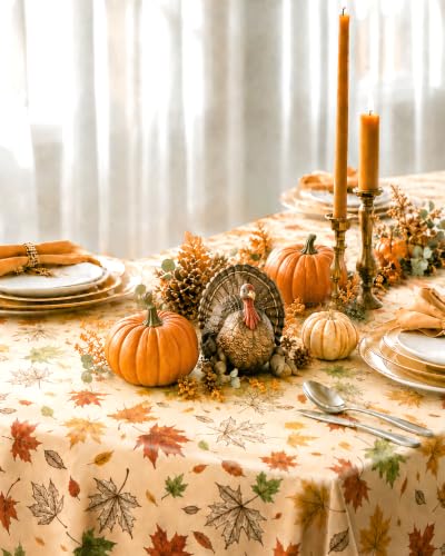Image of Pureegg Polyester Fall Tablecloth 60 inch x 84 inch 1 Pack Autumn Leaves