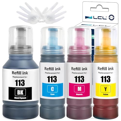 LCL 113 Tinta Compatible para Epson 113 Botella de Tinta Multipack Compatible con Epson EcoTank ET-16150 ET-16600 ET-16650 ET-16680 ET-5150 ET-5160 ET-5170 ET-5800 ET-5850 ET-5880 Pro (4-Pack KCMY)