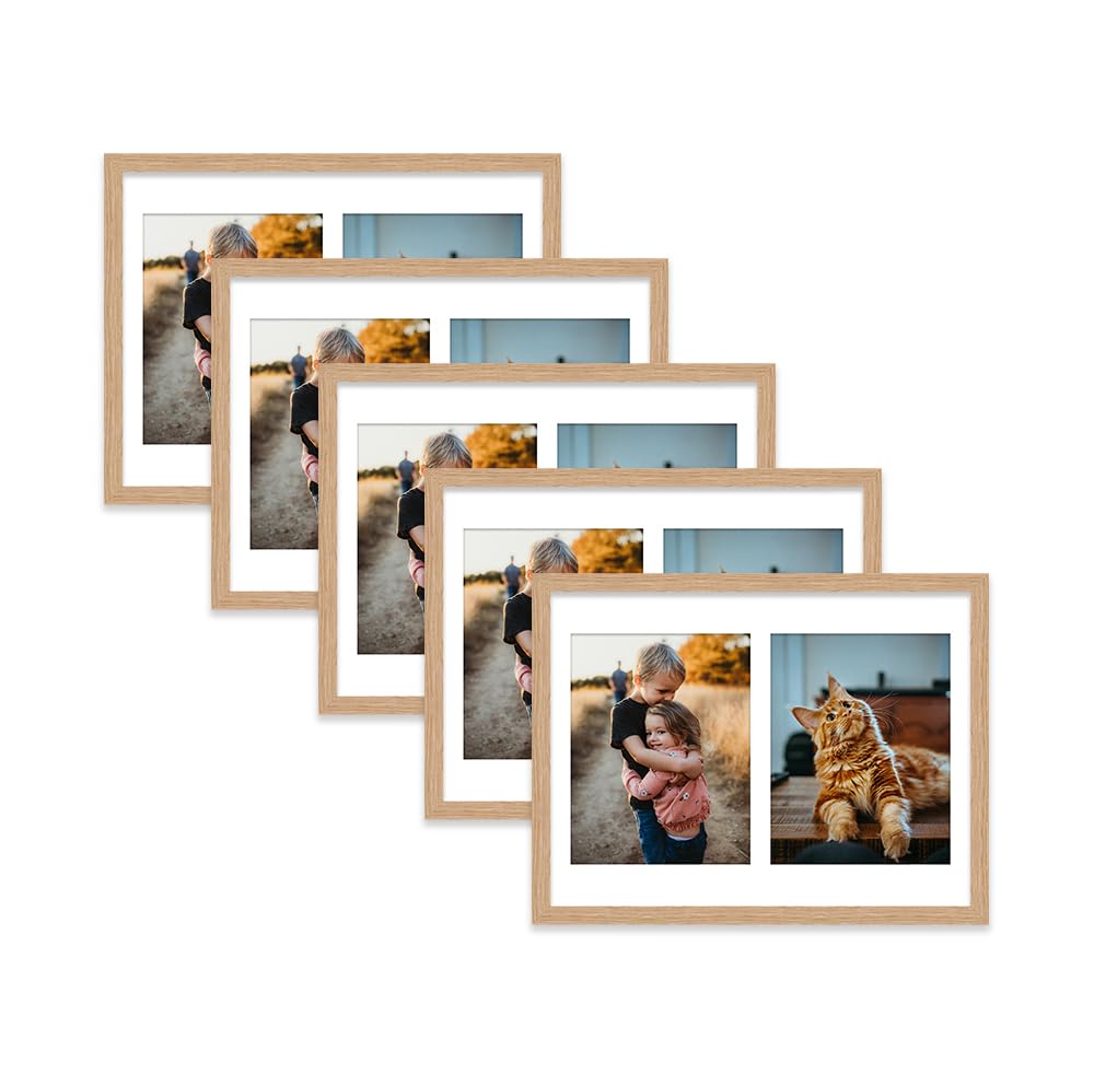 Oak Multi Photo Frame - Holds 2 x 9x7 Pictures, Family Collage Picture Frame for Wall Display, 16x12 Frame size, Set of 5