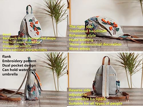 Image of Womens Cotton Hemp Cloth Backpack Boho Vintage Embroidered Casual Purse Handbags Messenger Bag Litchi