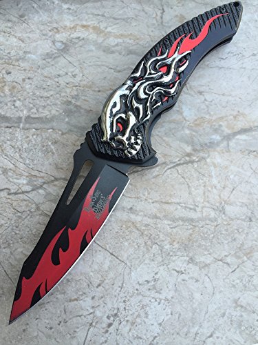 Dark Side Blades Double Anodized Flaming Skull Fantasy Hunting Tactical Collection Knife- Red