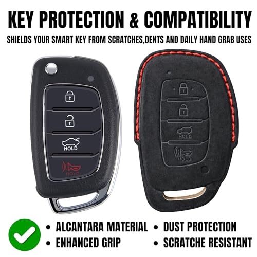 Image of KMH Alcantara Car Key Cover Compatible with Hyundai Alcazar Creta 2022 Venue i20 Tucson Elantra Smart keycover with Keychain 4 Button Shell Case Key Protector Smart Keycover (D2) Black - Pack of 1