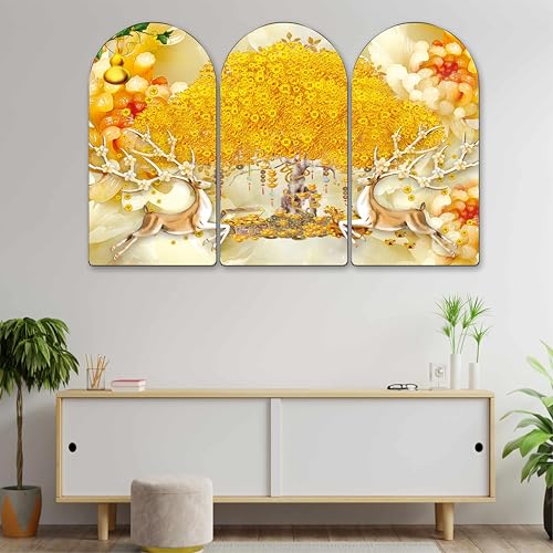 Image of Livin'luxe Golden Money Tree Arch Shape Wall Painting Set of 3 | Sparkle Laminated HD Print on MDF | Vastu Fortune Wealth Tree with Deer Artwork for Living Room Bedroom Home (20 x 30 Inch) RPNS-35356