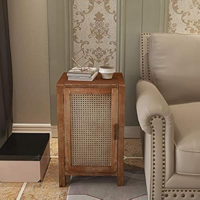 COZAYH Rustic Farmhouse End Table Nightstand with Storage and Woven Fronts, Industrial Accent Bedside Table for Bedroom…