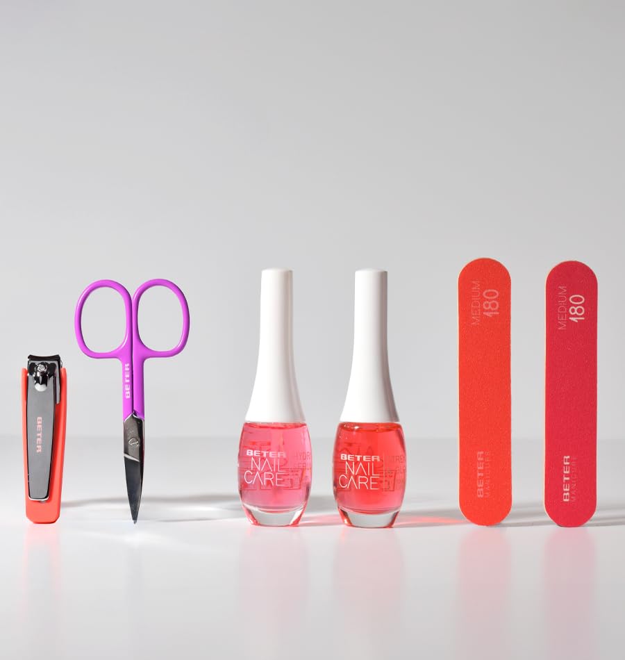 Beter - Set de Cuidado de Uñas Nail Care, Set de 4 Piezas(Fortalecedor e Iluminador, Sérum Hidratante, 2 Limas Fibra de Vidrio, Tijera de Uñas y Pieles)+Neceser, Perfecto para regalo, Kit Manicura