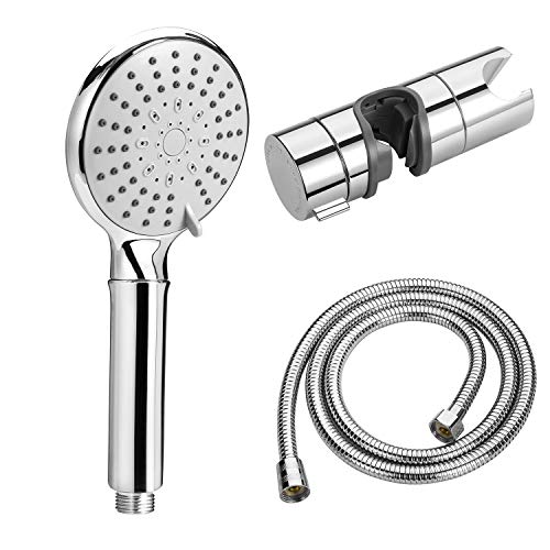 QIWODE Duschkopf Set, Duschkopf mit Schlauch und Halterung, Dusche Sparduschkopf, Schlauch 1,5m, Duschkopfhalterung Ohne Bohren, Wassersparend Handbrause 5 Strahlarten, Chrom