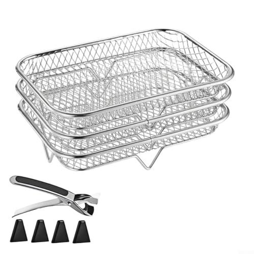 Juego de 3 estantes apilables para freidora de aire, cestas de malla de acero inoxidable 304 para horno de vapor, accesorios aptos para lavavajillas para aumentar la capacidad de cocción y la