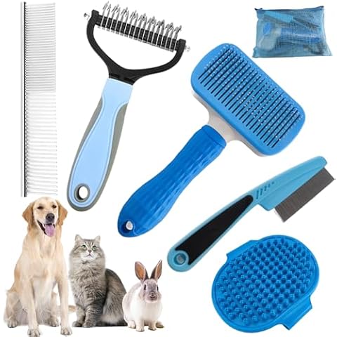 KUEIOX Dog Brush for Shedding,6 PCS in One Pet Slicker Hair Brush Kit Organizer Bag - Dog Cat Grooming Deshedding Undercoat Rake Brush Comb for All Small Large Dogs Cats Blue Cover