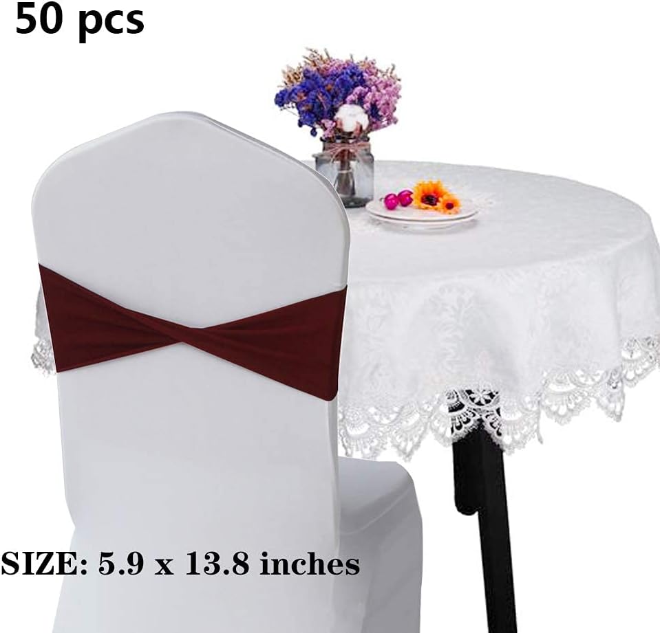50 Pcs Spandex Stretch Chair Sashes Plain Bow Sash Elastic Chair Bands Without Buckle Chairs Decorations for Wedding Party Banquet Birthday Events Decoration(Burgundy)
