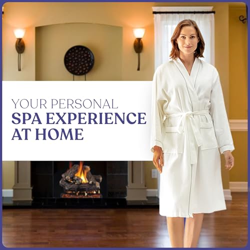 FluffCo Luxury Hotel Waffle Robe | Cotton Waffle Robes for Women & Men | Features Side Pockets & Waist-Tie Belt, White4