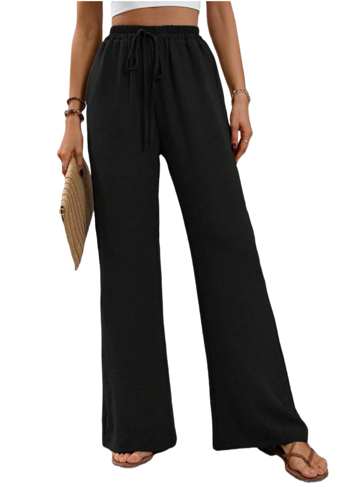 SIAOMA Womens Wide Leg Pants Solid Color High Waist Elastic Trousers Pants with Pockets Black Small