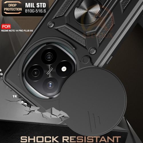 Image of Armor Bumper Back Cover Case for Redmi Note 14 Pro Plus 5G Rotating Camera Cover, Ring Holder & Kickstand | Heavy Duty & 360 Degree Protection Redmi Note 14 Pro Plus 5G Back Cover (Black)